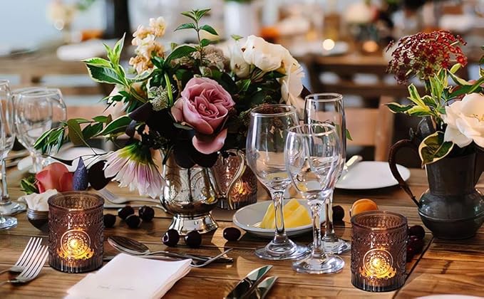 DEVI 24pcs Vintage Amber Votive Candle Holders, Amber Glass Tea Lights Candle Holder for Baby Shower, Boho Wedding Decorations, Vintage Boho Party Home Fall Centerpieces Table Decoration