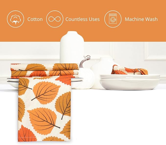 PurpleEssences Fall Harvest Decor Thanksgiving Napkins, 18x18 Cloth Napkins Set of 6, 100% Cotton Autumn Leaves Dinner Napkins for Farmhouse Kitchen, Amber