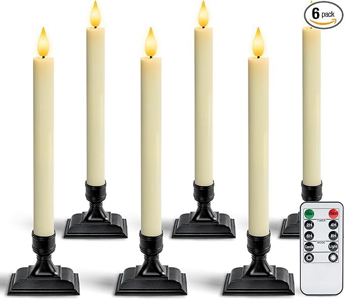 Homemory Real Wax Window Candles with Remote Timer Dimmer, Flameless Taper Candles with Holders, Christmas Candle for Window Battery Operated, LED Candlesticks for Home Holiday Decor,6 Pcs Ivory