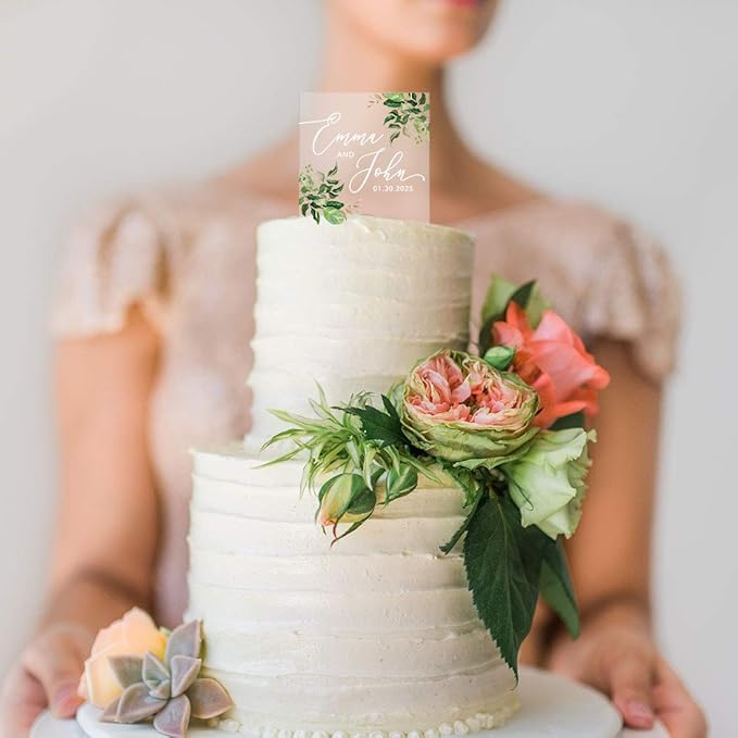 Andaz Press Greenery Eucalyptus Custom Wedding Cake Topper, Acrylic Square Personalized Couple Cake Topper