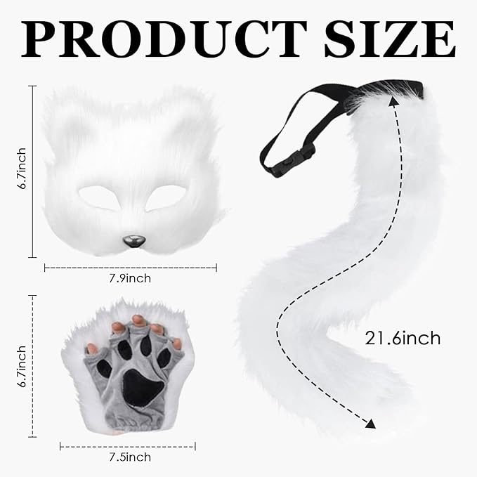 4 Pcs Faux Fur Fox Tail Cat Wolf Cosplay Costume Set for Men Women Therian Mask Paw and Tail Set for Halloween Christmas Party, a Fox Mask, a Pair of Paw Gloves and a Tail (White)