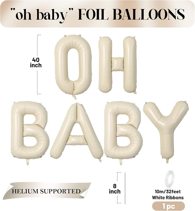 Biapian 40 Inch OH BABY Letter Balloons, Big Beige BABY Foil Balloons, 6 Pcs Giant Alphabet Large Balloon Neutral Oh Baby Balloon Banner Sign for Baby Shower Birthday Gender Reveal Party Decoration