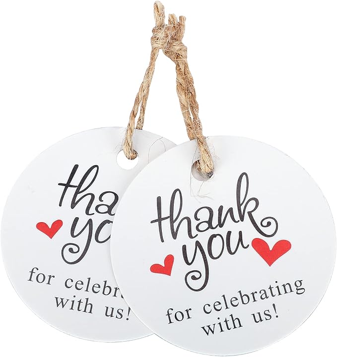 G2PLUS Thank You Tags, 100PCS Thank You for Celebrating with Us Tags, 2 in White Round Gift Tag with String for Gift Wrapping, Wedding Party Favors