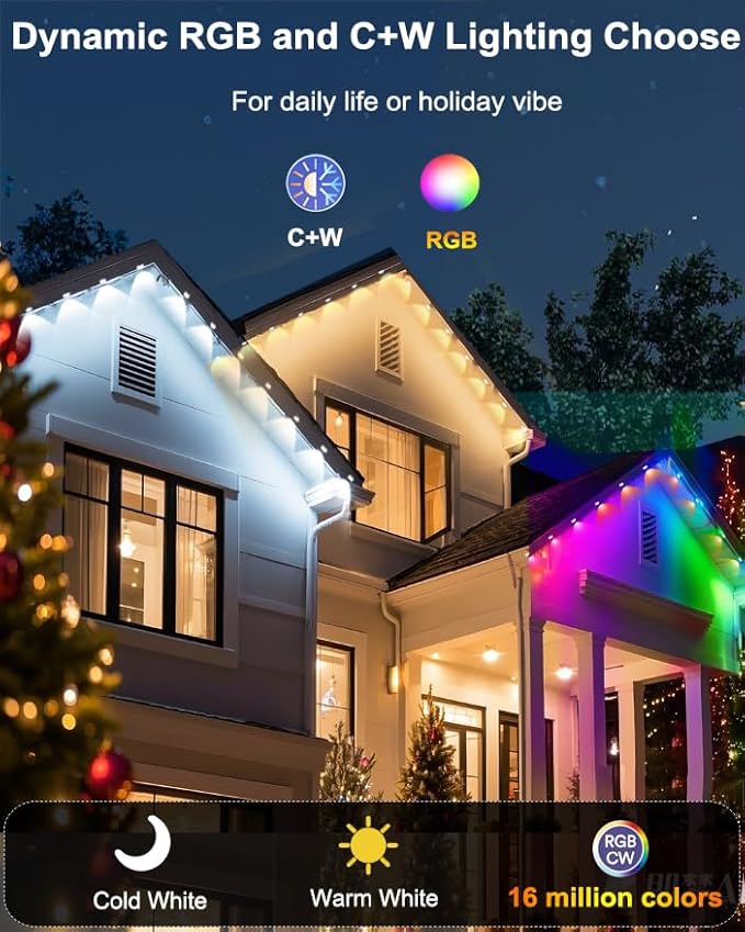 Permanent Outdoor Lights Pro, 50FT with 30 RGBCW IC LED String Lights Outdoor, IP68 Waterproof Smart Christmas Lights for House, Eaves, Daily, Party Decor, APP Alexa Google Control