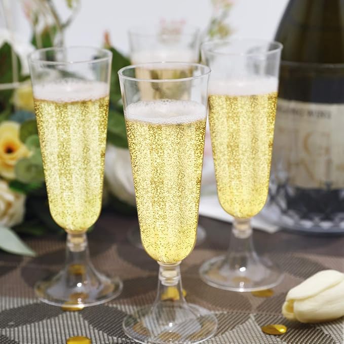 BUCLA 100 Pack Clear Plastic Champagne Flutes- 5OZ Plastic Champagne Glasses- Premium Quality Clear Disposable Cups-Ideal for Parties& Weddings