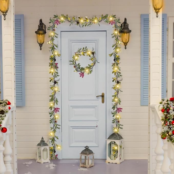 6FT Lighted Snow Christmas Garland, Olive Pine Garland Battery Operated with Timer, Winter Prelit Holiday Garland for Mantle Staircase Indoor Outdoor Centerpiece Table Fireplace Decor
