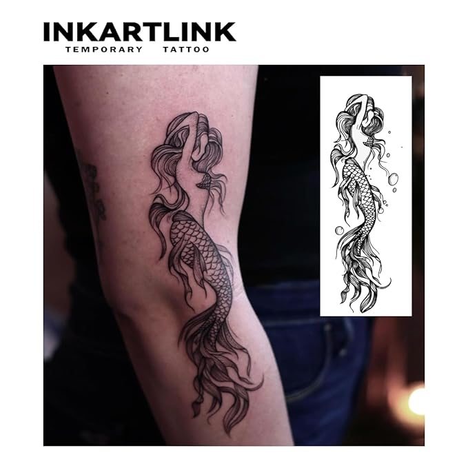 INKARTLINK Tattoo Tech, 2 Sheets Medium Semi Permanent Tattoo, Adult Art Design Temporary Tattoos, Lasts 1-2 Weeks, Waterproof, Realistic Look, No Adhesive, No Reflection (Just like a Mermaid Design)