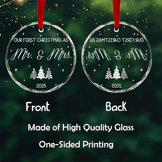 Personalized Round First Christmas Crystal Glass Ornaments Custom 2025 Name Ornament for Christmas Tree Decor Customized Xmas Tree Hanging Gifts for Family Wife Husband