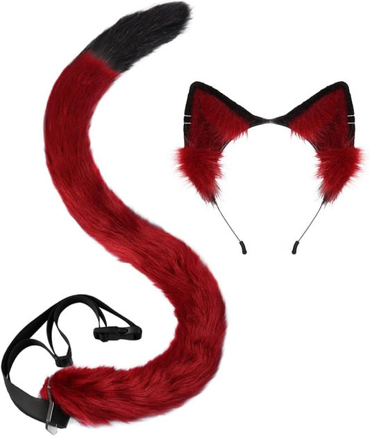 QinRuan Animal Cosplay Costume Accessories Furry Faux Fur Cat Ears Headband and Fox Tail Set Halloween Accessory