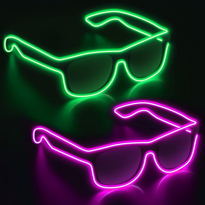 YouRfocus Wireless Led Light up Glasses 2 Pack Glow in The Dark Neon Rave Glasses for Rave Party, EDM, Halloween, Christmas (Green + Pink)