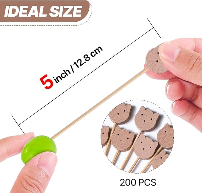 PuTwo Cocktail Picks 4.7 Inch 200pcs Bamboo Fancy Skewers Toothpicks for Appetizers Bear Face Toothpicks for Food Drink Fruit Sandwich BBQ Charcuterie Boards Accessories Birthday Party Supplies