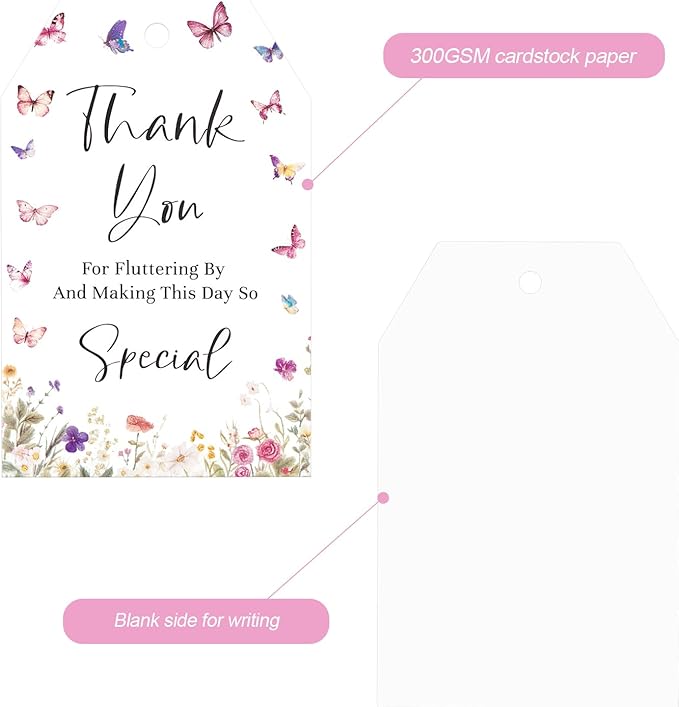 G2PLUS Butterfly Thank You Tags, 50 Pcs Thank You for Fluttering by Tags, Floral Butterflies Paper Gift Tag with String for Baby Shower, Birthday, Wedding Party Favors