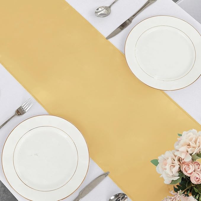 5-Pack Satin Table Runner Light Gold 12 x 108 Inch Long Silk Satin Table Runners for Wedding,Graduations,Engagements,Birthday Party and Banquet Decoration（5 Pack, 12x108 Inch, Light Gold）