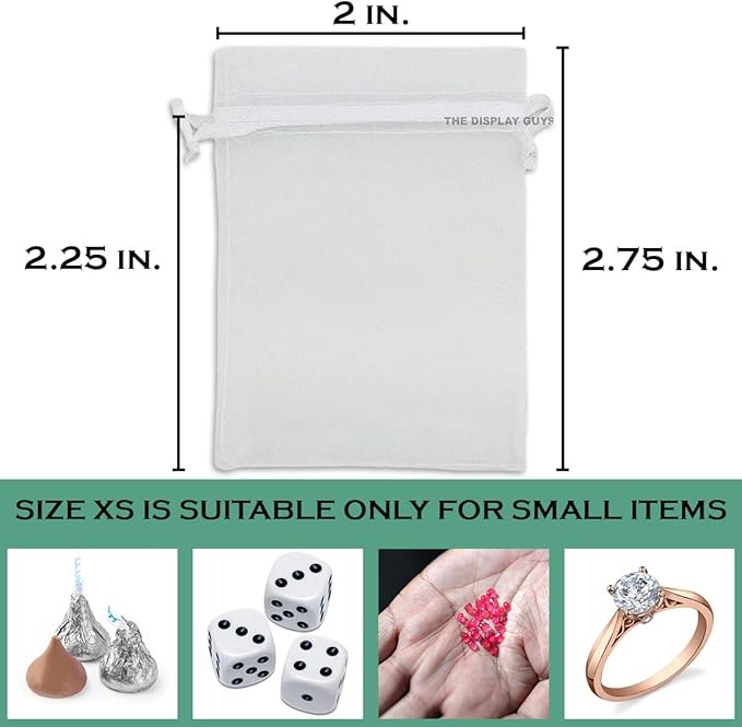 TheDisplayGuys 100-Pack XS 2 x 2 3/4" White Sheer Organza Gift Bags with Drawstring, Jewelry Candy Treat Wedding Party Favors Mesh Pouch