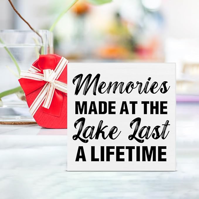 Lake Decor Summer Decorations Lake House Wood Block Sign for Home Desk Table Shelf 5 x 5 Inches