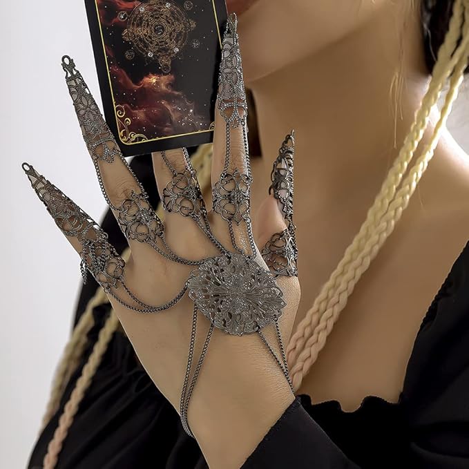 Octwine Pack of 1 Halloween Ancient Queen Finger Nails Tip Claw Bracelet Belly Dance Hand Chain Cosplay Vintage Bracelet for Women (Black)