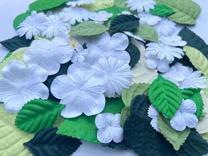 100 Pcs Handmade Mixed Mulberry Paper Flowers Petals and Leaves Scrapbooking Wedding DIY Craft Supplies Card (White Colors Flowers/Green Tone Leaves)