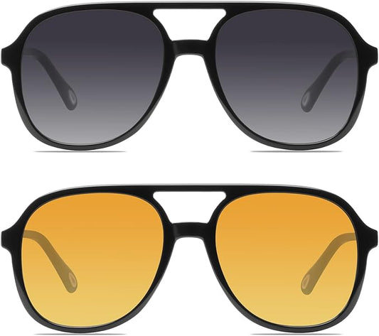 YDAOWKN Retro Square Aviator Sunglasses for Womens Mens Vintage 70s Double Bridge Sun Glasses