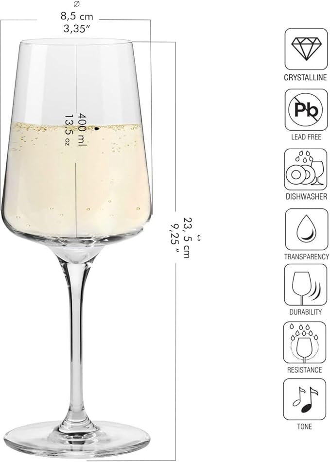 Krosno White and Sparkling Wine Glasses, 6 piece set, 13.52 oz, Infinity Collection, Elegant, Crystal Glass, Lead-free Glass, Dishwasher Safe, Made in Europe