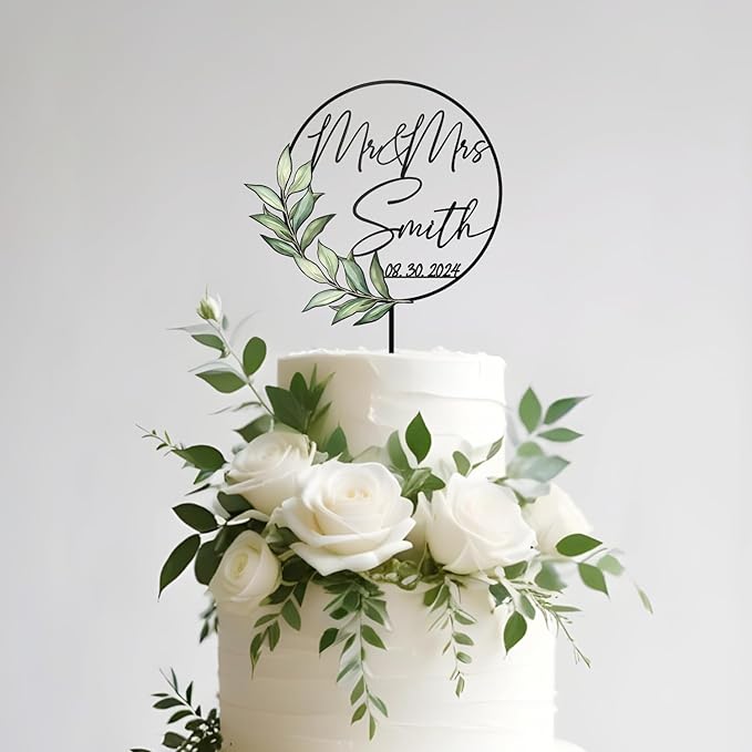 Mr & Mrs Wedding Cake Topper with Green Leaves Custom Last Name and Date Personalized Round Frame Cake Decoration in Acrylic and Wood