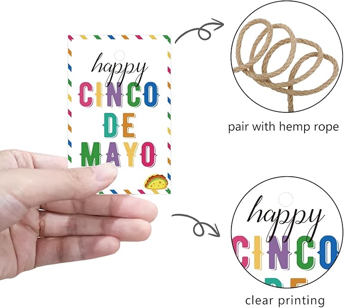 50PCS Cinco De Mayo Gift Tags, Thank You Tags for Mexican Themed Party Favors -Double-Sided