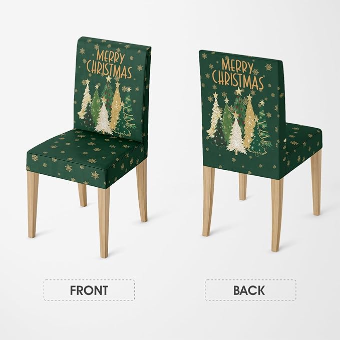 Horaldaily 6PCS Christmas Dining Green Chair Covers, Christmas Pine Tree Stars Stretch Removable Washable Slipcover Chair Protector for Dining Room Home Decor