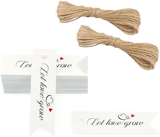 G2PLUS Wedding Gift Tags, 100PCS Let Love Grow Tags, Mini Wedding Favor Tag, 2.8X0.8 in White Paper Gift Tags with String for Candy Bags, Valentines, Wedding, Baby Shower