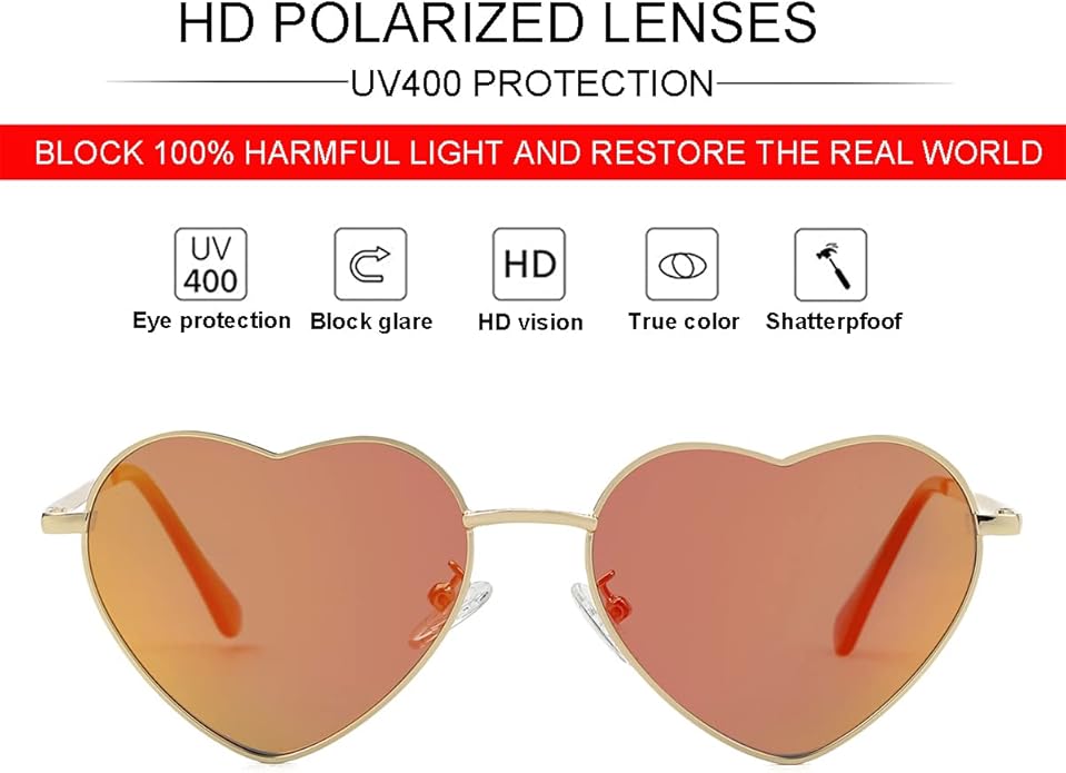 JOVAKIT Polarized Heart Sunglasses for Women Fashion Lovely Style Metal Frame UV400 Protection Lens