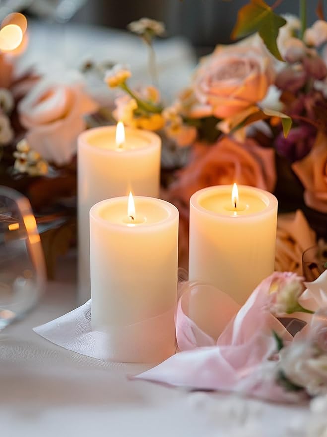 Ivory Pillar Candles, Set of 3, 56 Hour Long Burning, Unscented and Dripless, Large (3x4 inch) for Christmas Lights, Wedding, Parties, Spas, Home Decor