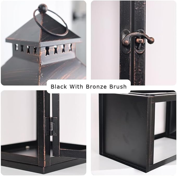 DECORKEY LED Lanterns Decorative Outdoor&Indoor, Set of 2 (17’’&11’’) Large Black Metal Lantern Decor with bronze brush, Candle Holder for Porch, Patio, Garden, Balcony, Wedding Decorations (No Glass)