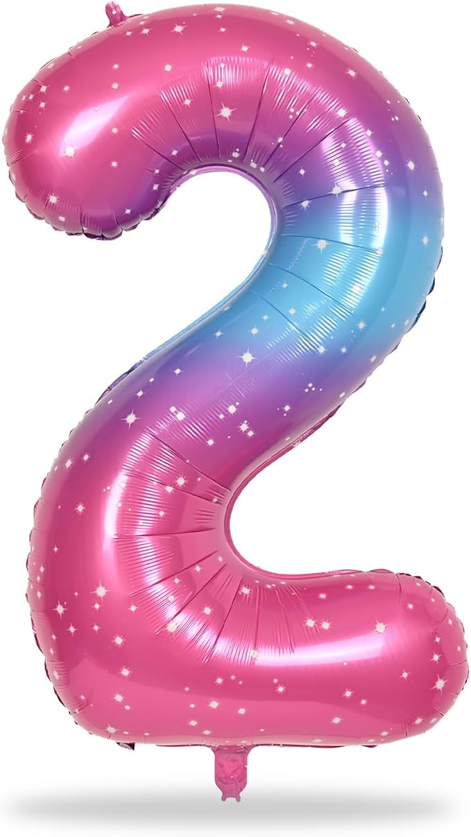 Gradient Blue Pink 2 Balloons, 40 Inch Giant Helium Foil Number 0-9 Rainbow 2th Birthday Balloon for Girls, Self Inflating Starry Digit 2 Balloons for Women Anniversary Party Decorations Supplies