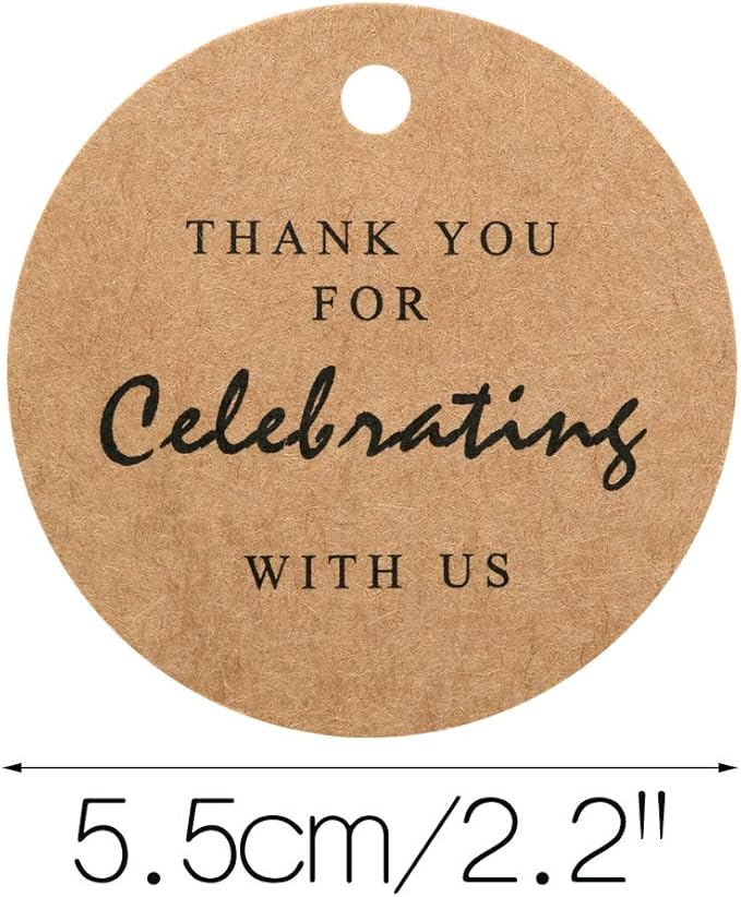 G2PLUS Thank You for Celebrating with Us Tags, 2.2in Original Design Kraft Paper Gift Tag, 100 PCS Thank You Present Tags with String for Gift Wrap, Wedding, Baby Shower, Holiday Party Favor (Brown)