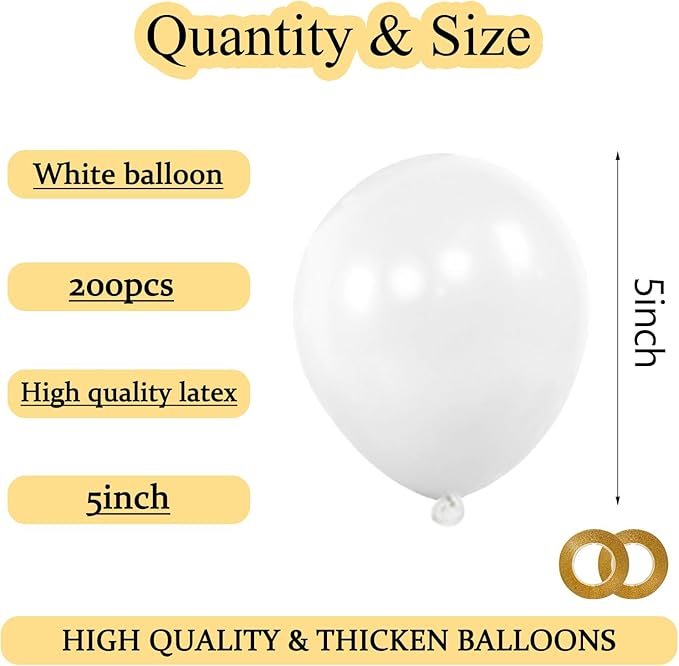 KAWKALSH 200pcs White Balloons 5 Inch, Small Mini Latex Balloons for Party Birthday Baby Shower Anniversary Festival Arch Garland Decoration