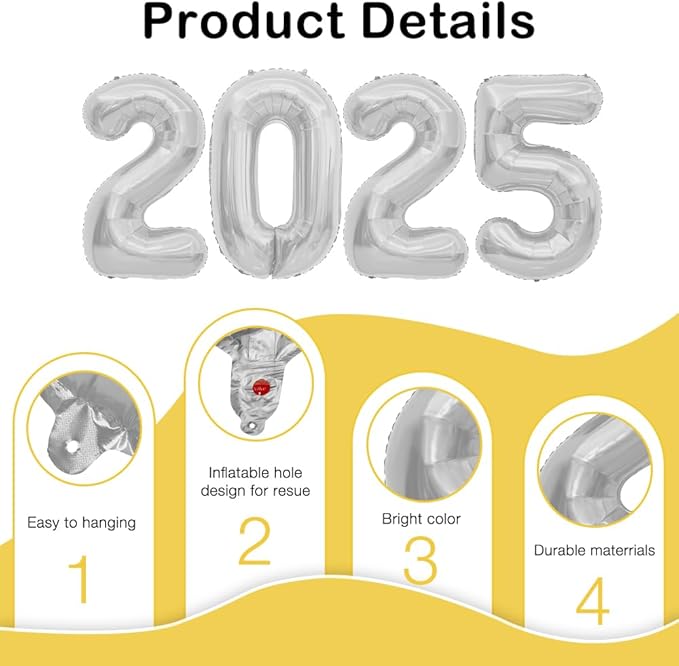 2025 Balloons, 40 Inch 2025 Number Balloons, 2025 Silver Balloons, Large Foil Happy New Year Balloons for New Year Eve Party Supplies 2025, New Years Decorations 2025, Christmas, Wedding, Birthday