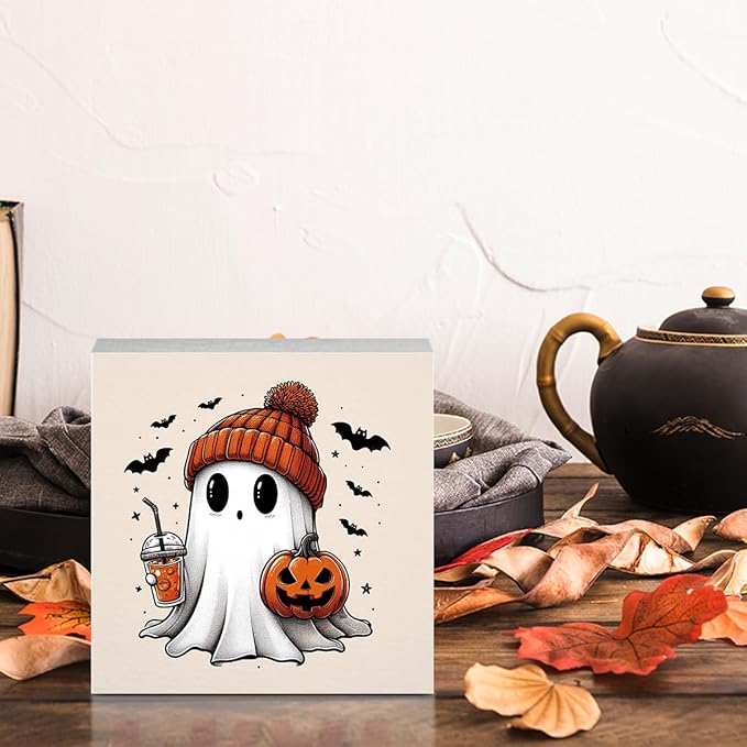 Cute Boo Fall Decor Halloween Fall Decorations Autumn Pumpkin Decor for Home Office Spooky Ghost Halloween Autumn Decorations for Desk Table 5 x 5 inches