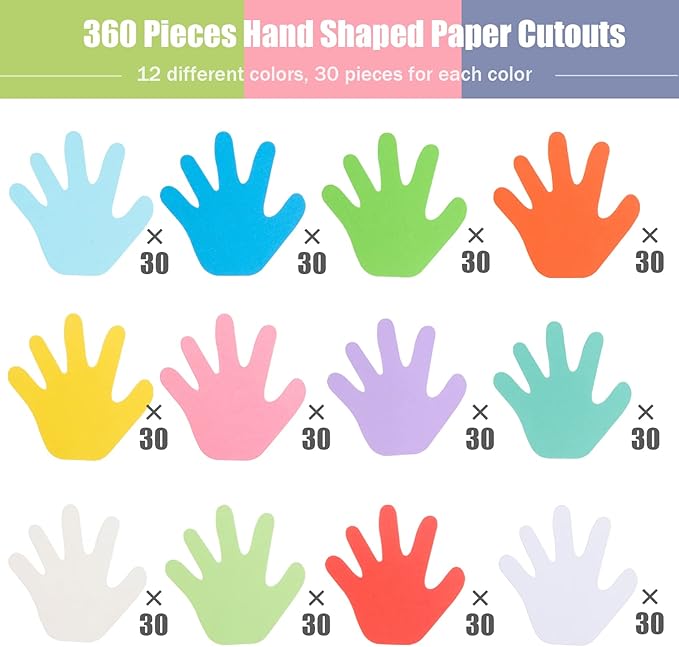 360 Pcs Hand Cutouts Paper Hand Shape Cut-Outs Assorted Color Handprint Shape Cutout Blank Creative Paper Cutouts for Kids DIY Craft Art Project Home School Classroom Decorations Bulletin Board Decor