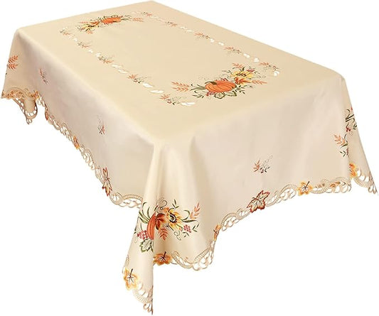 Simhomsen Large Embroidered Beige Fall Autumn Harvest Pumpkins Tablecloth for Thanksgiving (Rectangle 57×100 inches)