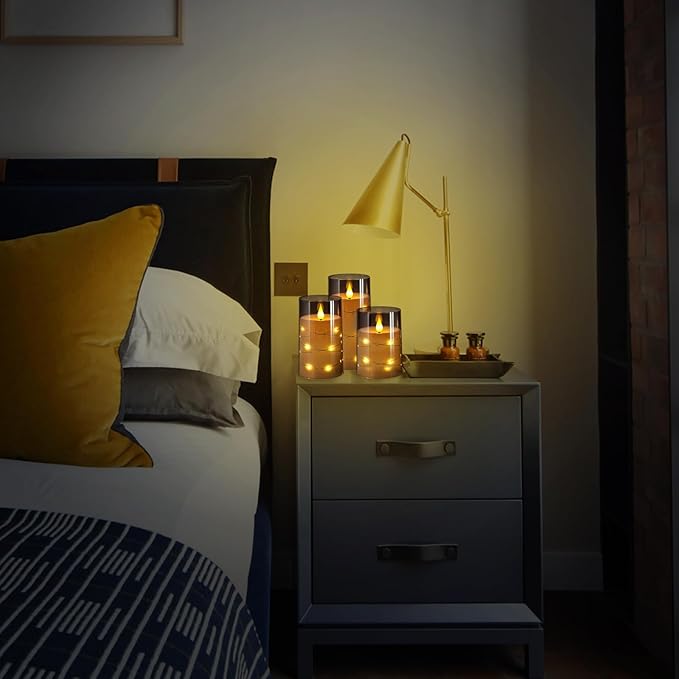 NURADA Flickering Flameless Candles: Built-in Star String Lights 3D Wick Acrylic Battery Operated LED Pillar Candles with Remote and Timer for Fall Halloween Christmas Home Decoration - 3 Pack Gray