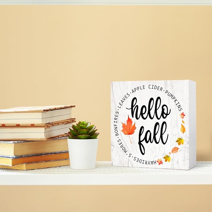 Hello Fall Maple Leaves Wood Box Sign Funny Autumn Wooden Block Desk Decor for Home Office Kitchen Cubicle Table Shelf Tabletop,Farmhouse Fall Sign Decor