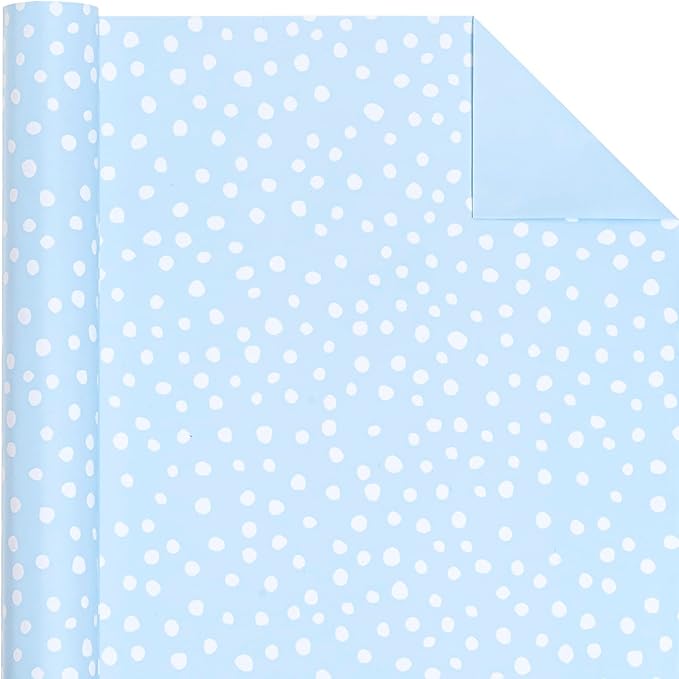 WRAPAHOLIC Reversible Wrapping Paper - Mini Roll - 17 Inch X 33 Feet - Light Blue and Delicate Polka Dots Design for Birthday, Holiday, Wedding, Baby Shower