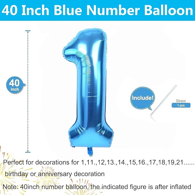 40 inch Blue Number Balloon Giant Foil Helium Balloons Blue Number 1 Balloon for 1st Birthday Party Decorations