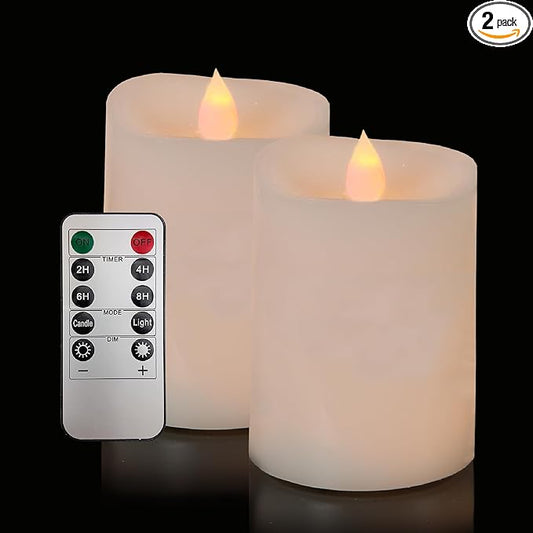 3x4 Flickering Flameless Candles Set of 2,4 inch Real Wax LED 600 Hours Battery Candles with Timer Remote,Control for Wedding Party Indoo,Ivory