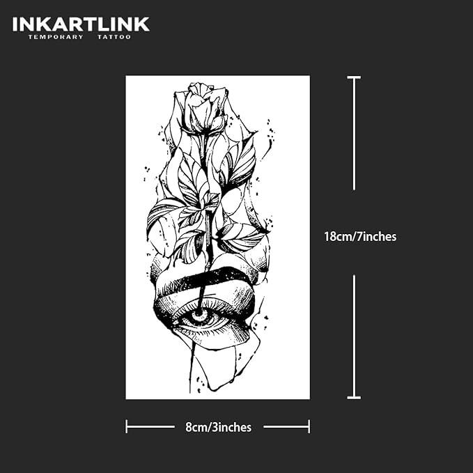 INKARTLINK Tattoo Tech, 2 Sheets Large Semi Permanent Tattoo, Adult Art Design Temporary Tattoos, Lasts 1-2 Weeks, Waterproof, Realistic Look, No Adhesive, No Reflection (Rose and Eye Design)