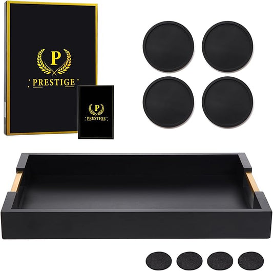 PRESTIGE Non Slip Black and Gold Serving Tray with Cup Mats and Grippers, Wood Serving Tray with Metal Handles, Food Drinks Tray for Coffee Table, Breakfast, Dinner & Bar, Rustic Decorative Storage