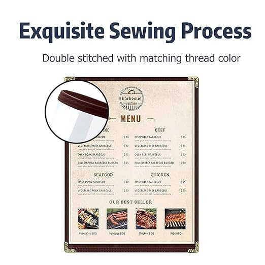 Brown, 25 Pack,1 Page / 2 Views - 8.5" x 11", Cafe Style Menu Cover, Top-Loading Double Stitched Edge, Crystal Clear Vinyl Menu Holder with Gold Decorative Corners