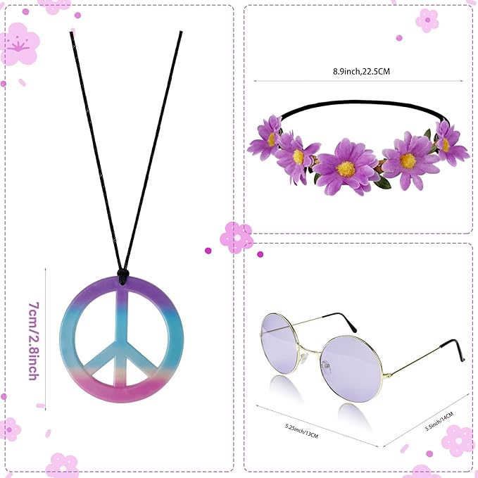 Hippie Costume Set Includes Peace Sign Necklace and Earring, Flower Crown Headband and Sunglasses 60s 70s Party Accessories