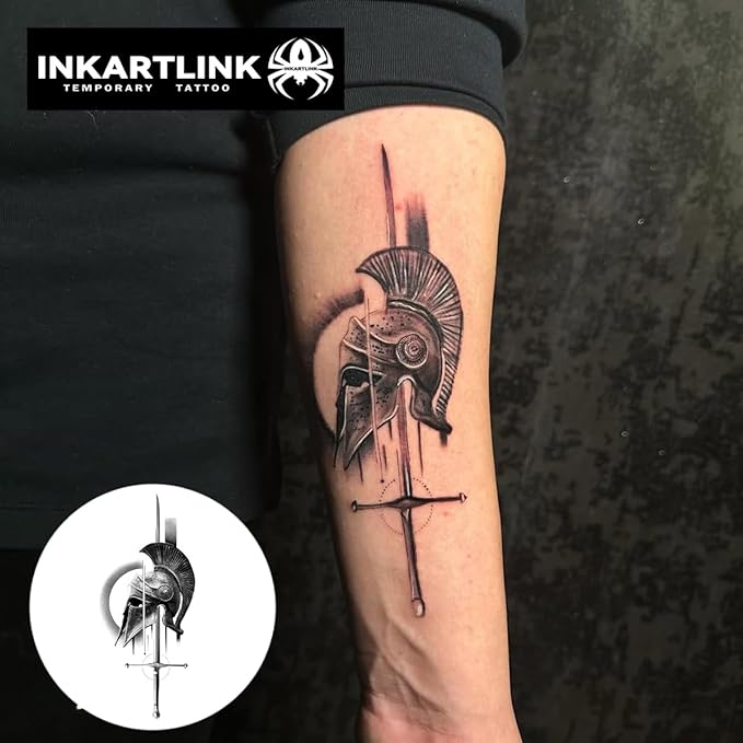 INKARTLINK Tattoo Tech, 2 Sheets Medium Semi Permanent Tattoo, Adult Art Design Temporary Tattoos, Lasts 1-2 Weeks, Waterproof, Realistic Look, No Reflection (Helmet And Sword)