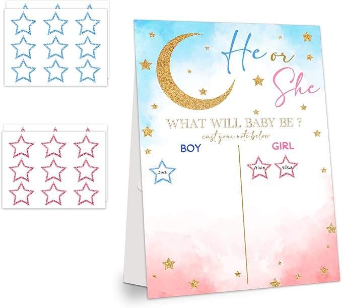 LNOKRIM Gender Reveal Party Games, Twinkle Little Star Theme Baby Gender Reveal Voting Board Sign, 48 Boy Girl Voting Stickers, He or She, Gender Reveal Party Centerpiece Decorations (12x17)