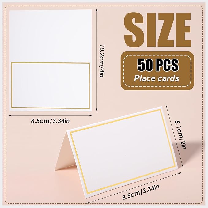 50 Pcs Place Cards for Table Setting, 2×3.34inch Table Tent Cards with Gold Foil Border, Food Labels for Party Buffet, Name Seating Cards for Weddings, Banquets, Events, Dinner Parties(White)