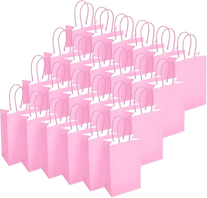 DjinnGlory 100 Pack Small Sized Pink Paper Gift Bags with Handles Bulk for Small Business, Boutiques, Baby Showers, Party Favors & Care Packages, 9x5.5x3.15 Inch